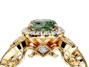 Milgrain Halo Engagement Ring Setting for Fancy Green Cushion Cut Center with Shoulder Bezels and Prong Head in Yellow Gold