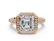 Milgrain Halo Engagement Ring Setting for Asscher Cut Center with Three-Sided Pave Band and Prong Head in Rose Gold