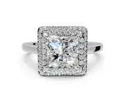 Halo Engagement Ring Setting for Princess Cut Center with Plain Tapered Band and Prong Head in Sterling Silver