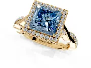 Halo Engagement Ring Setting for Fancy Blue Princess Cut Center with Twist Band and Prong Head in Yellow Gold