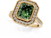 Halo Engagement Ring Setting for Fancy Green Radiant Cut Center with Milgrain Frame, Pave Band and Prong Head in Yellow Gold