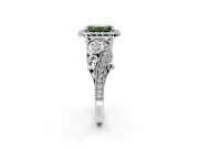 Milgrain Halo Engagement Ring Setting for Fancy Green Emerald Cut Center with Shoulder Bezels and Prong Head in Platinum