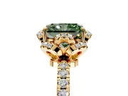 Halo Engagement Ring Setting for Fancy Green Radiant Cut Center with Openwork Halo, Pave Band and Prong Head in Yellow Gold