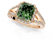Halo Engagement Ring Setting for Fancy Green Radiant Cut Center with Pave Split Shank and Prong Head in Rose Gold