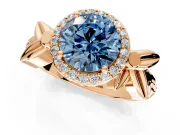 Halo Engagement Ring Setting for Fancy Blue Round Cut Center with Floral Band and Prong Head in Rose Gold
