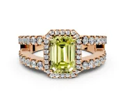 Halo Engagement Ring Setting for Fancy Yellow Emerald Cut Center with Wide-Open Pave Split Shank and Prong Head in Rose Gold