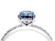 Solitaire Engagement Ring Setting for Fancy Blue Emerald Cut Center with Round Cut Pave Band and Prong Head in White Gold
