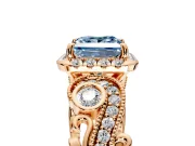 Milgrain Halo Engagement Ring Setting for Fancy Blue Princess Cut Center with Shoulder Bezels and Prong Head in Rose Gold