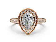 Milgrain Halo Engagement Ring Setting for Pear-Shaped Center with Three-Sided Pave Band and Prong Head in Rose Gold