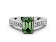 Solitaire Engagement Ring Setting for Fancy Green Emerald Cut Center with Engraved Pave Band and Prong Head in White Gold