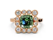 Cluster Halo Engagement Ring Setting for Fancy Green Cushion Cut Center with Milgrain Bezel Accents and Prong Head in Rose Gold