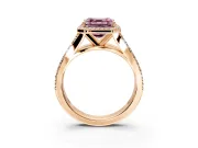Halo Engagement Ring Setting for Fancy Pink Asscher Cut Center with Narrow Pave Split Shank and Prong Head in Rose Gold