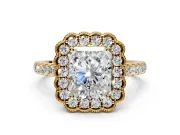 Milgrain Floral Halo Engagement Ring Setting for Radiant Cut Center with Pave Band and Prong Head in Yellow Gold