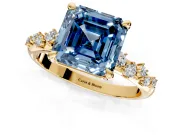Solitaire Engagement Ring Setting for Fancy Blue Asscher Cut Center with Trailing Leaf Accent Band and Prong Head in Yellow Gold