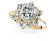 Small-Accent Cluster Halo Engagement Ring Setting for Princess Cut Center with Plain Band and Prong Head in Yellow Gold