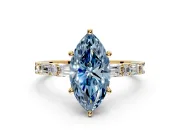 Baguette Engagement Ring Setting for Fancy Blue Marquise Center with Alternating Bar-Set Band and Prong Head in Yellow Gold