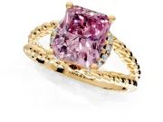 Halo Engagement Ring Setting for Fancy Pink Radiant Cut Center with Rope Twist Split Shank and Prong Head in Yellow Gold