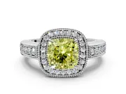 Milgrain Halo Engagement Ring Setting for Fancy Yellow Cushion Cut Center with Pave Band and Prong Head in Platinum