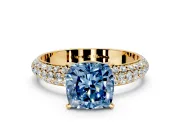Solitaire Engagement Ring Setting for Fancy Blue Cushion Cut Center with Domed Multi-Row Pave Band and Prong Head in Yellow Gold