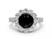 Halo Engagement Ring Setting for Fancy Black Round Cut Center with Milgrain Channel Band and Prong Head in Platinum