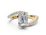 Solitaire Engagement Ring Setting for Emerald Cut Center with Pave Bypass Swirl Band and Prong Head in Yellow Gold