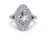 Double Halo Engagement Ring Setting for Marquise Center with Narrow Pave Split Shank and Prong Head in Platinum