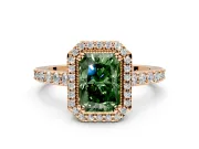 Halo Engagement Ring Setting for Fancy Green Radiant Cut Center with Inner Milgrain Border and Prong Head in Rose Gold