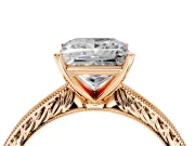 Solitaire Engagement Ring Setting for Princess Cut Center with Engraved Milgrain Band and Prong Head in Rose Gold