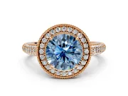 Milgrain Halo Engagement Ring Setting for Fancy Blue Round Cut Center with Three-Sided Pave Band and Prong Head in Rose Gold