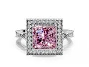 Halo Engagement Ring Setting for Fancy Pink Princess Cut Center with Milgrain Rim, Pave Band and Prong Head in White Gold