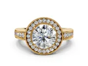 Milgrain Halo Engagement Ring Setting for Round Cut Center with Pave Band and Prong Head in Yellow Gold