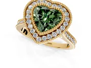 Halo Engagement Ring Setting for Fancy Green Heart-Shaped Center with Milgrain Frame, Pave Band and Prong Head in Yellow Gold