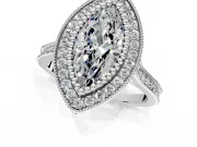 Halo Engagement Ring Setting for Marquise Center with Milgrain Frame, Pave Band and Prong Head in Platinum