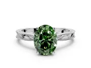 Solitaire Engagement Ring Setting for Fancy Green Oval Center with Engraved Milgrain Band and Prong Head in White Gold