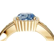 Halo Engagement Ring Setting for Fancy Blue Cushion Cut Center with Wide Band, Inlaid Accent Row and Prong Head in Yellow Gold