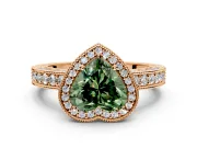 Milgrain Halo Engagement Ring Setting for Fancy Green Heart-Shaped Center with Wide Pave Band and Prong Head in Rose Gold