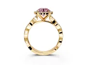 Halo Engagement Ring Setting for Fancy Pink Round Cut Center with Pave and Plain Twist Band and Prong Head in Yellow Gold