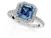 Halo Engagement Ring Setting for Fancy Blue Asscher Cut Center with Inner Milgrain Border and Prong Head in Platinum