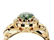 Halo Engagement Ring Setting for Fancy Green Pear-Shaped Center with Open Scroll Shoulders and Prong Head in Yellow Gold