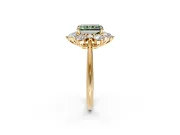 Small-Accent Cluster Halo Engagement Ring Setting for Fancy Green Radiant Cut Center with Plain Band and Prong Head in Yellow Gold