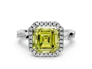 Halo Engagement Ring Setting for Fancy Yellow Asscher Cut Center with Pave and Plain Twist Band and Prong Head in White Gold