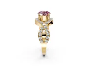 Halo Engagement Ring Setting for Fancy Pink Round Cut Center with Pave Infinity Twist Band and Prong Head in Yellow Gold