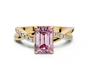 Solitaire Engagement Ring Setting for Fancy Pink Emerald Cut Center with Half-Pave Crossover Band and Prong Head in Yellow Gold