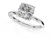Low-Set Solitaire Engagement Ring Setting for Cushion Cut Center with Thin Plain Band and Prong Head in White Gold