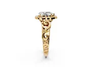Halo Engagement Ring Setting for Pear-Shaped Center with Open Scroll Shoulders and Prong Head in Yellow Gold