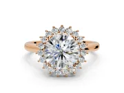 Starburst Halo Engagement Ring Setting for Round Cut Center with Thin Round-Wire Band and Prong Head in Rose Gold