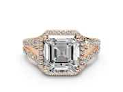 Halo Engagement Ring Setting for Asscher Cut Center with Narrow Pave Split Shank and Prong Head in Rose Gold