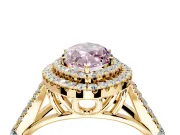 Double Halo Engagement Ring Setting for Fancy Pink Marquise Center with Narrow Pave Split Shank and Prong Head in Yellow Gold