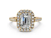 Halo Engagement Ring Setting for Emerald Cut Center with Raised Halo, Pave Band and Prong Head in Yellow Gold