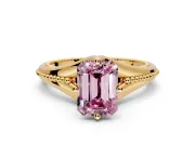 Solitaire Engagement Ring Setting for Fancy Pink Emerald Cut Center with Milgrain Cathedral Band and Prong Head in Yellow Gold